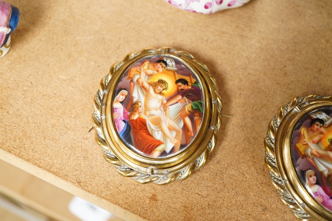 Two Paris porcelain miniatures of the Descent from the Cross, a Meissen inkwell, Staffordshire miniature busts etc, largest 13.5cm high